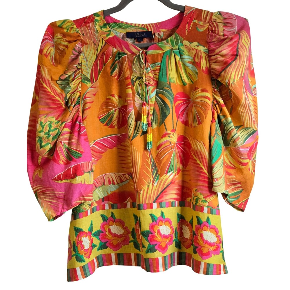 Rachel Roy Boho Tropical Leaf Puff Sleeve Blouse Orange Floral Beaded Tassel L